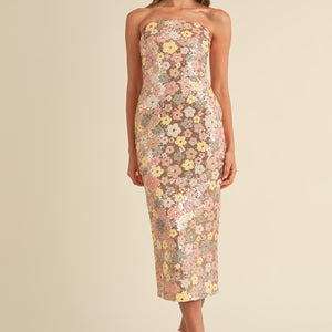 FLORAL SEQUIN STRAPLESS TUBE MIDI DRESS