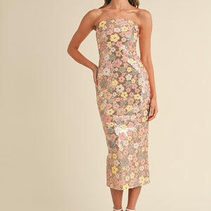 FLORAL SEQUIN STRAPLESS TUBE MIDI DRESS