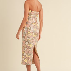 FLORAL SEQUIN STRAPLESS TUBE MIDI DRESS