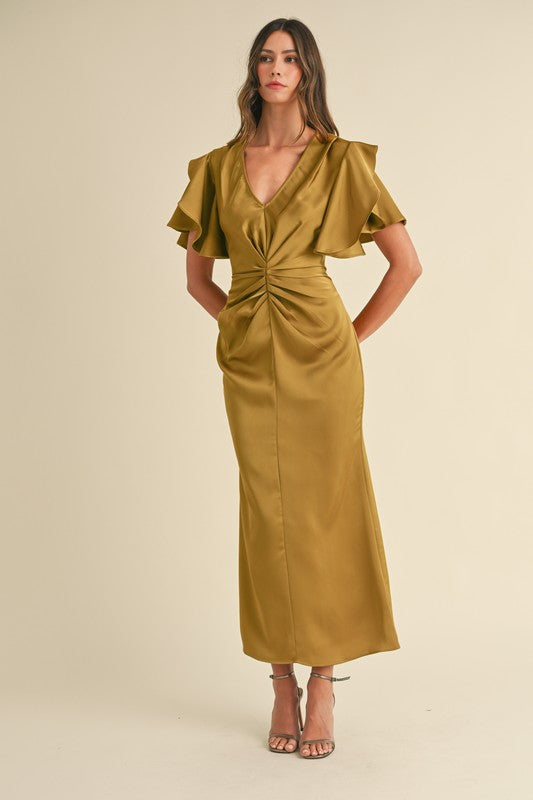 Mustard RUCHED WAIST V NECK SATIN MIDI DRESS