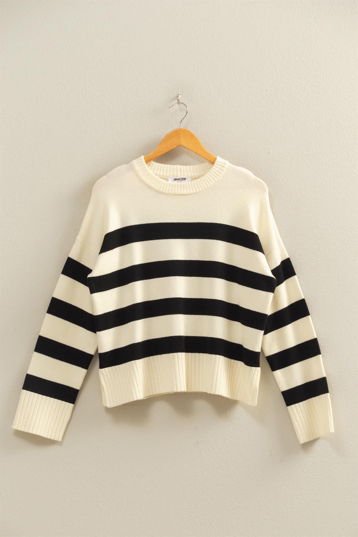 Cream/Black Striped Crew Neck Sweater