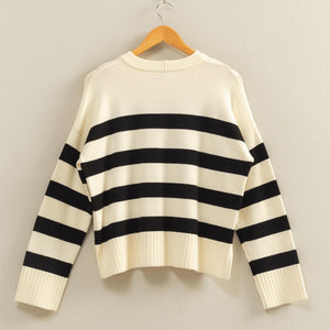 Cream/Black Striped Crew Neck Sweater