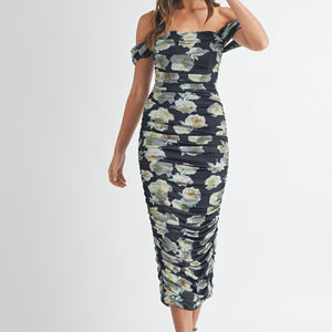 black floral foil printed mesh band collar bodycon dress SHEIN Priv Floral Print Mock Neck Ruched Mesh Bodycon Dress Without Lingerie Set