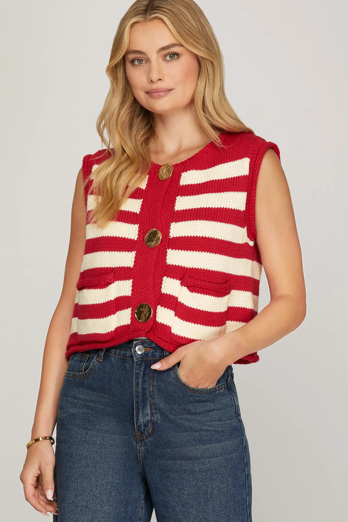 Red striped knit sweater vest