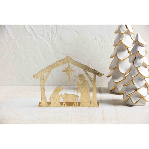 Gold finish tin nativity display.