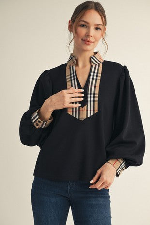 Black Plaid Contrast Mock Neck Solid Top