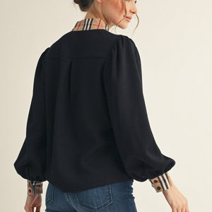 Black Plaid Contrast Mock Neck Solid Top