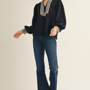 Black Plaid Contrast Mock Neck Solid Top