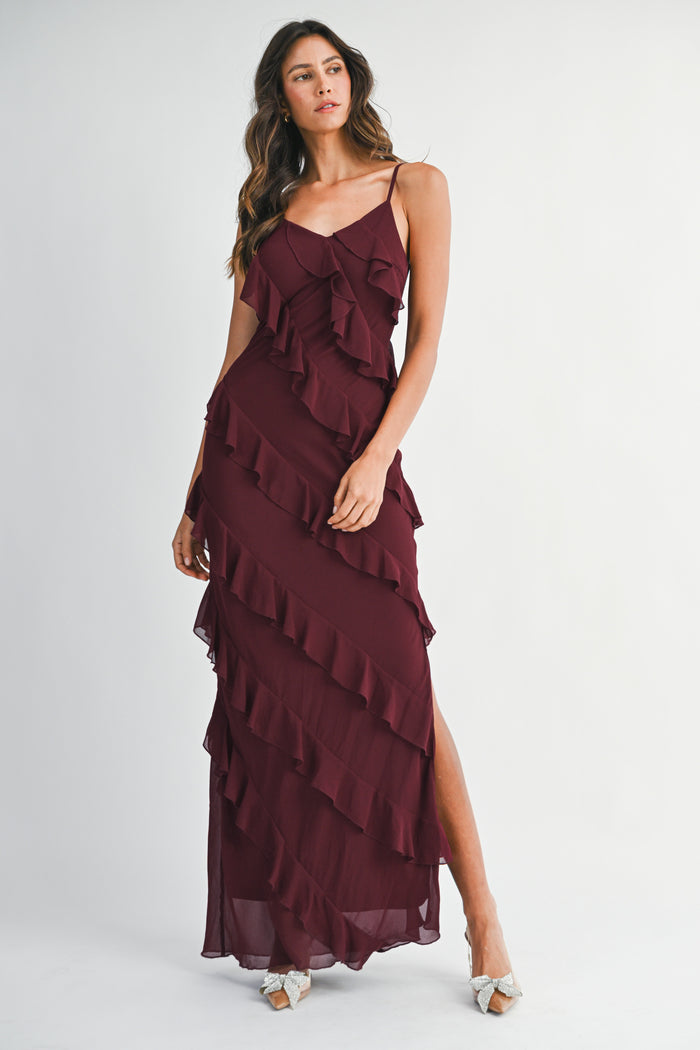 Wine Asymetrical Tiered Ruffled Maxi Dress
