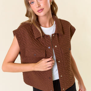 BROWN QUILTED POINT COLLAR FLAP PATCHED POCKET VEST