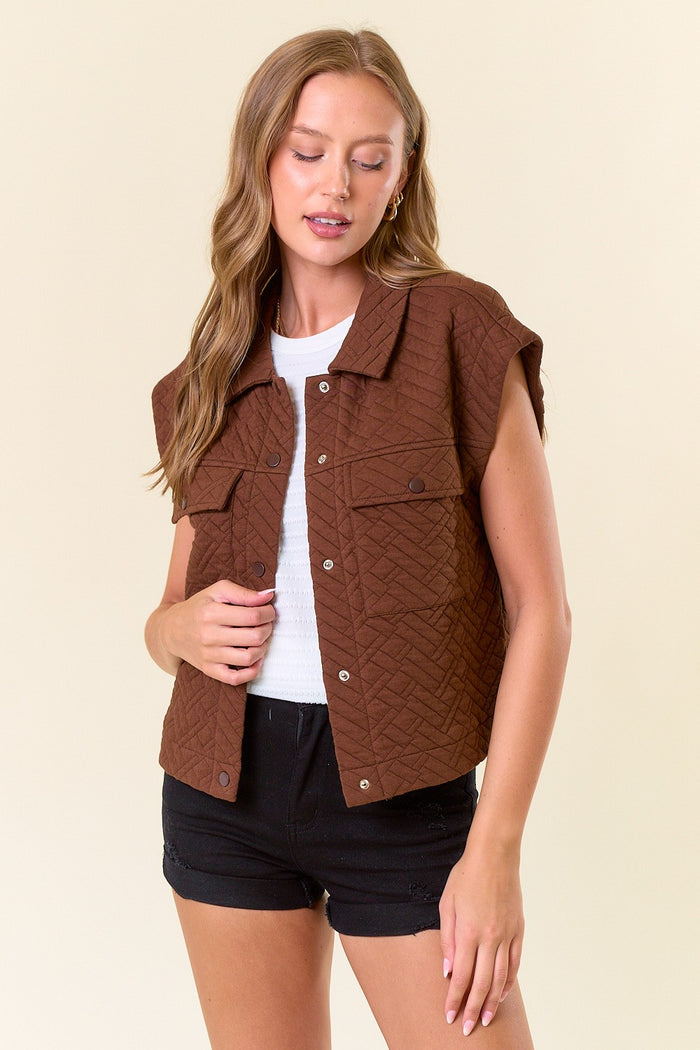 BROWN QUILTED POINT COLLAR FLAP PATCHED POCKET VEST
