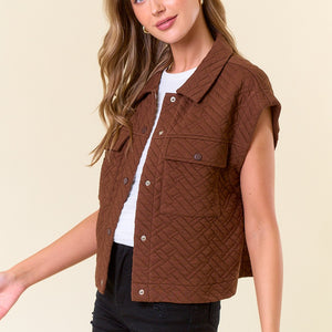 BROWN QUILTED POINT COLLAR FLAP PATCHED POCKET VEST