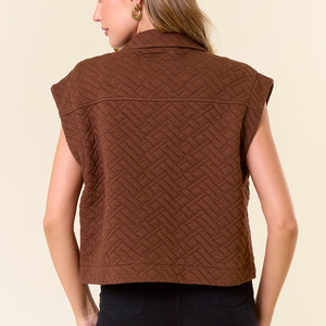 BROWN QUILTED POINT COLLAR FLAP PATCHED POCKET VEST