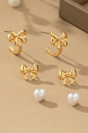 Trio bow hoop and pearl heart stud earrings set