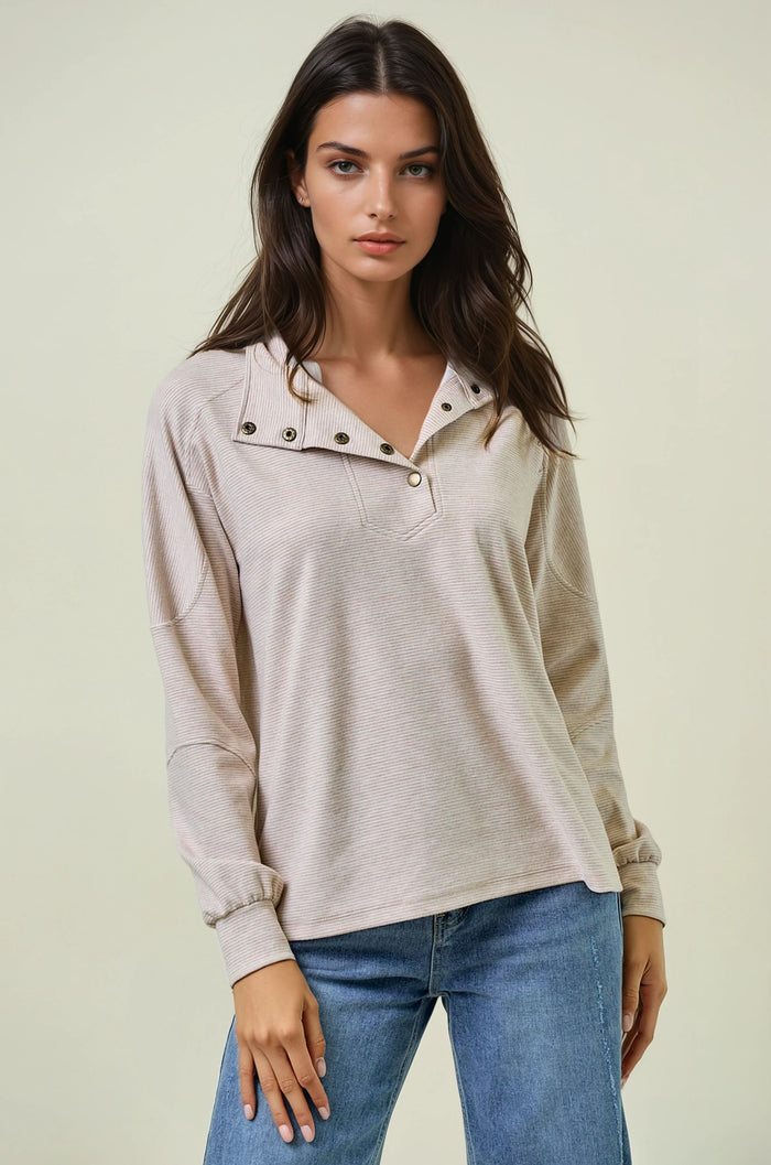 Beige Buttery Soft Striped Knit Mock Neck Sweatshirt