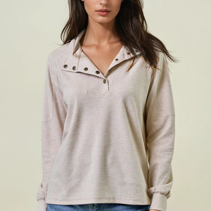 Beige Buttery Soft Striped Knit Mock Neck Sweatshirt