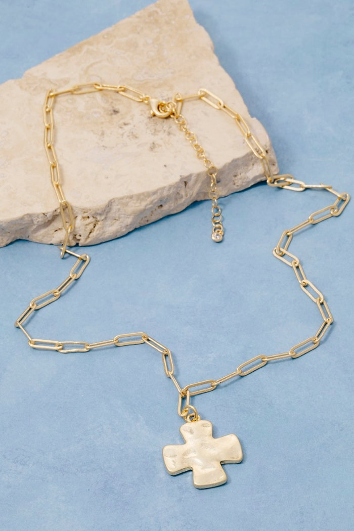 Small Vintage Gold Dipped Hammered Cross Pendant Necklace