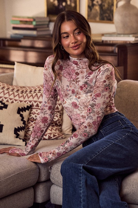 FLORAL PRINT MESH KNIT LONG SLEEVES TOP WITH THUMB OPENING