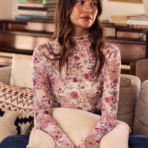 FLORAL PRINT MESH KNIT LONG SLEEVES TOP WITH THUMB OPENING