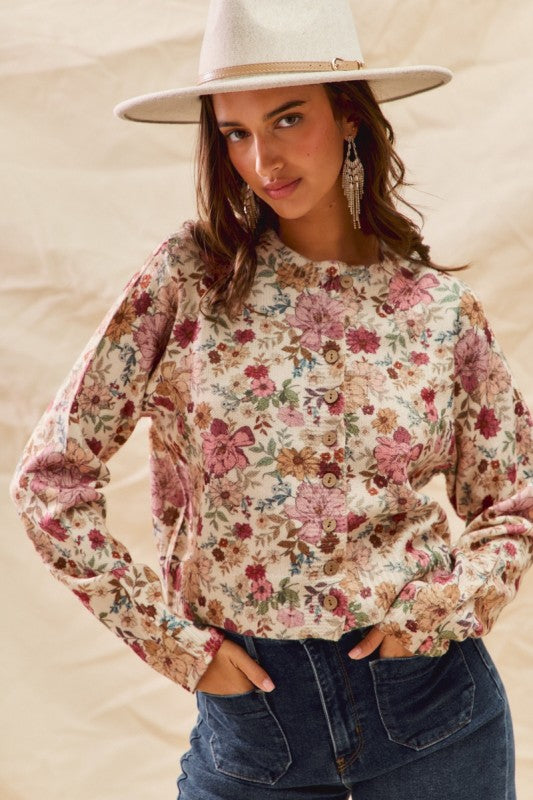 Floral Print Button Front Sweater Cardigan Top