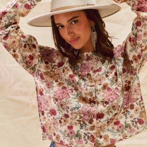 Floral Print Button Front Sweater Cardigan Top