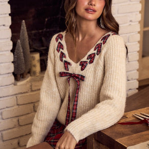 Holiday Christmas Plaid Tape Ribbon Sweater Top