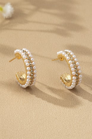 pave mini pearl rhinestone hoop earrings