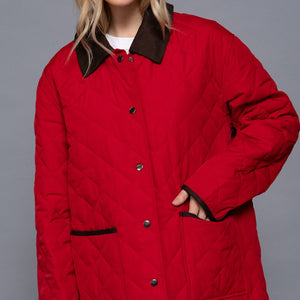 RED LAPEL COLLAR QUILTED PUFFER JACKET