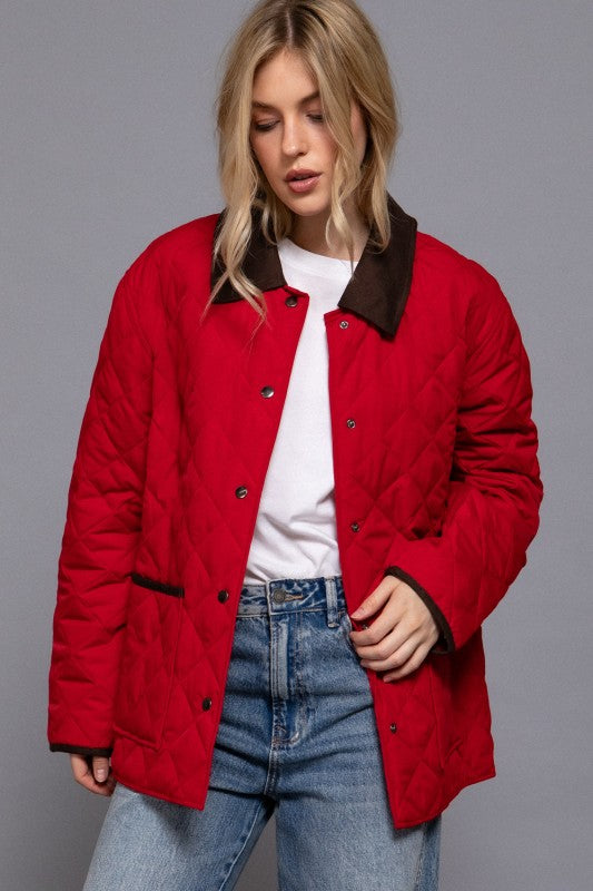 RED LAPEL COLLAR QUILTED PUFFER JACKET