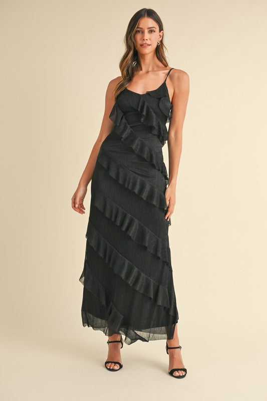 BLACK ASYMETRICAL LUREX PLEATED RUFFLED MAXI DRESS