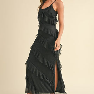 BLACK ASYMETRICAL LUREX PLEATED RUFFLED MAXI DRESS