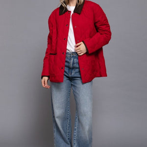 RED LAPEL COLLAR QUILTED PUFFER JACKET