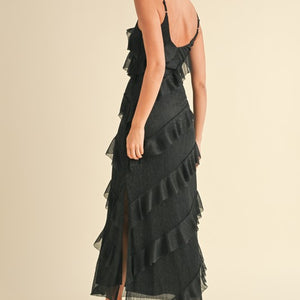 BLACK ASYMETRICAL LUREX PLEATED RUFFLED MAXI DRESS