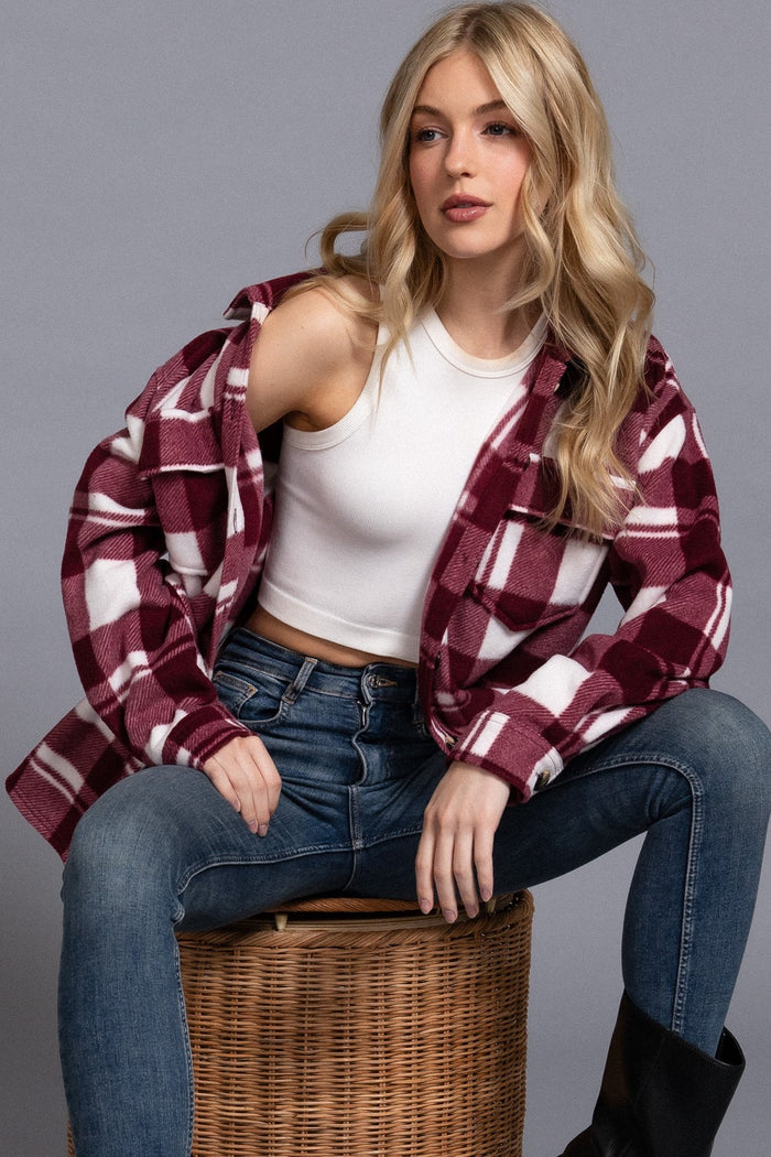 Burgundy Long Sleeve Check Printed Fleece Shacket