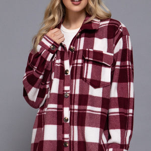 Burgundy Long Sleeve Check Printed Fleece Shacket