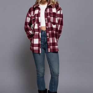 Burgundy Long Sleeve Check Printed Fleece Shacket