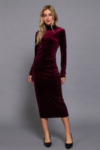Burgundy High Neck Shirring Glitter Velvet Long Dress