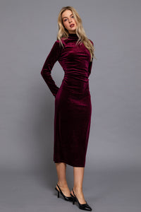 Burgundy High Neck Shirring Glitter Velvet Long Dress