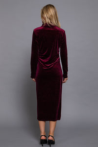 Burgundy High Neck Shirring Glitter Velvet Long Dress