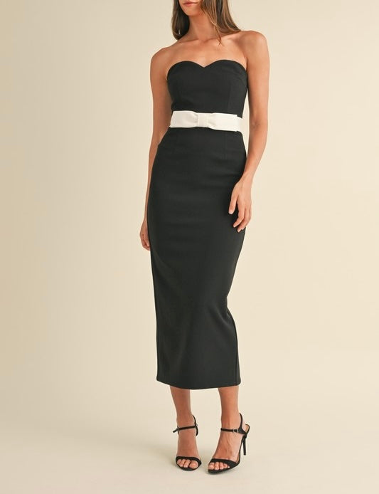 WAIST BOW STRAPLESS MIDI DRESS