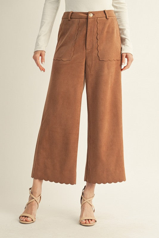 Camel Wide leg suede pants with scallop edge accent, side pockets.