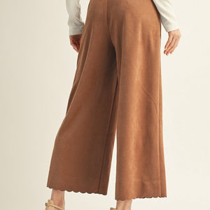 Camel Wide leg suede pants with scallop edge accent, side pockets.