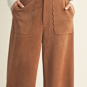Camel Wide leg suede pants with scallop edge accent, side pockets.