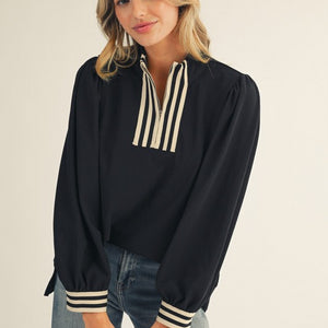 Black Color Rib Band Accent High Neck Top