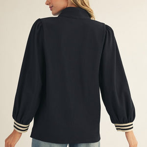 Black Color Rib Band Accent High Neck Top