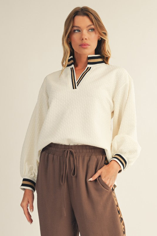 Cream Color Rib Band Accent Textured Top