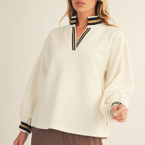Cream Color Rib Band Accent Textured Top