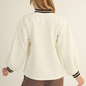 Cream Color Rib Band Accent Textured Top