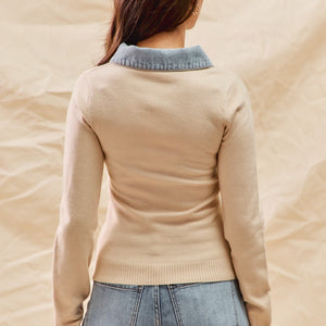 Denim Contrasting Collared Sweater Knit Top