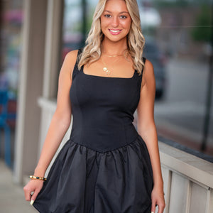 BLACK Bubble Hem Drop Waist Mini Dress